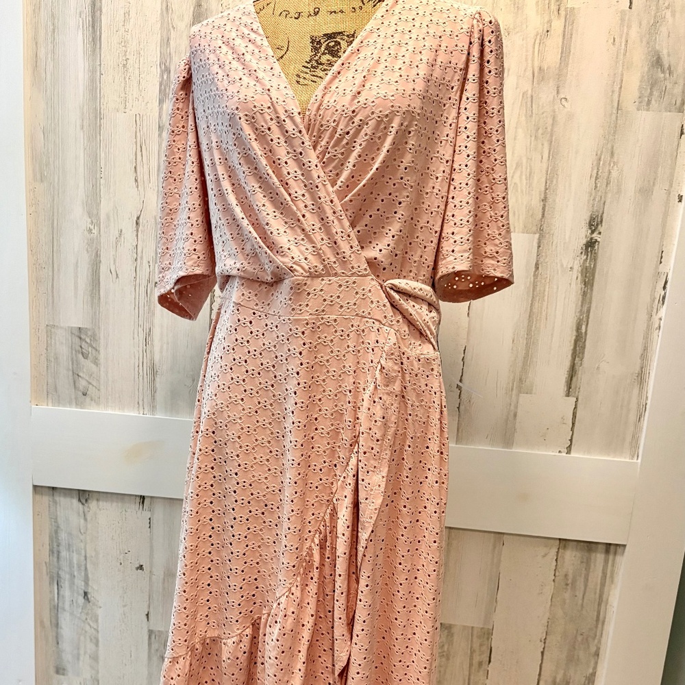 LONDON TIMES WOMAN 16W EYELET MIDI DRESS NWT - DUSTY PINK